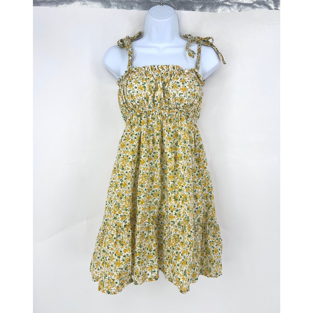Faithfull The Brand Elwood Mini Dress Yellow Floral Smocked Tie Shoulder Small - Picture 2 of 9